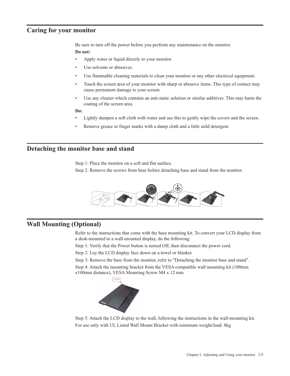 Caring for your monitor, Detaching the monitor base and stand, Wall mounting (optional) | Caring for your monitor -9, Detaching the monitor base and stand -9, Wall mounting (optional) -9 | Lenovo ThinkVision 29" Ultrawide Monitor User Manual | Page 24 / 39