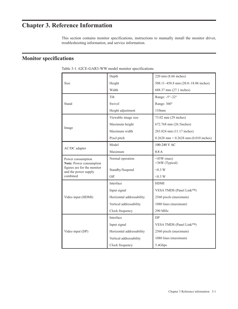 Chapter 3. reference information, Monitor specifications, Chapter 3. reference information -1 | Monitor specifications -1 | Lenovo ThinkVision 29" Ultrawide Monitor User Manual | Page 25 / 39