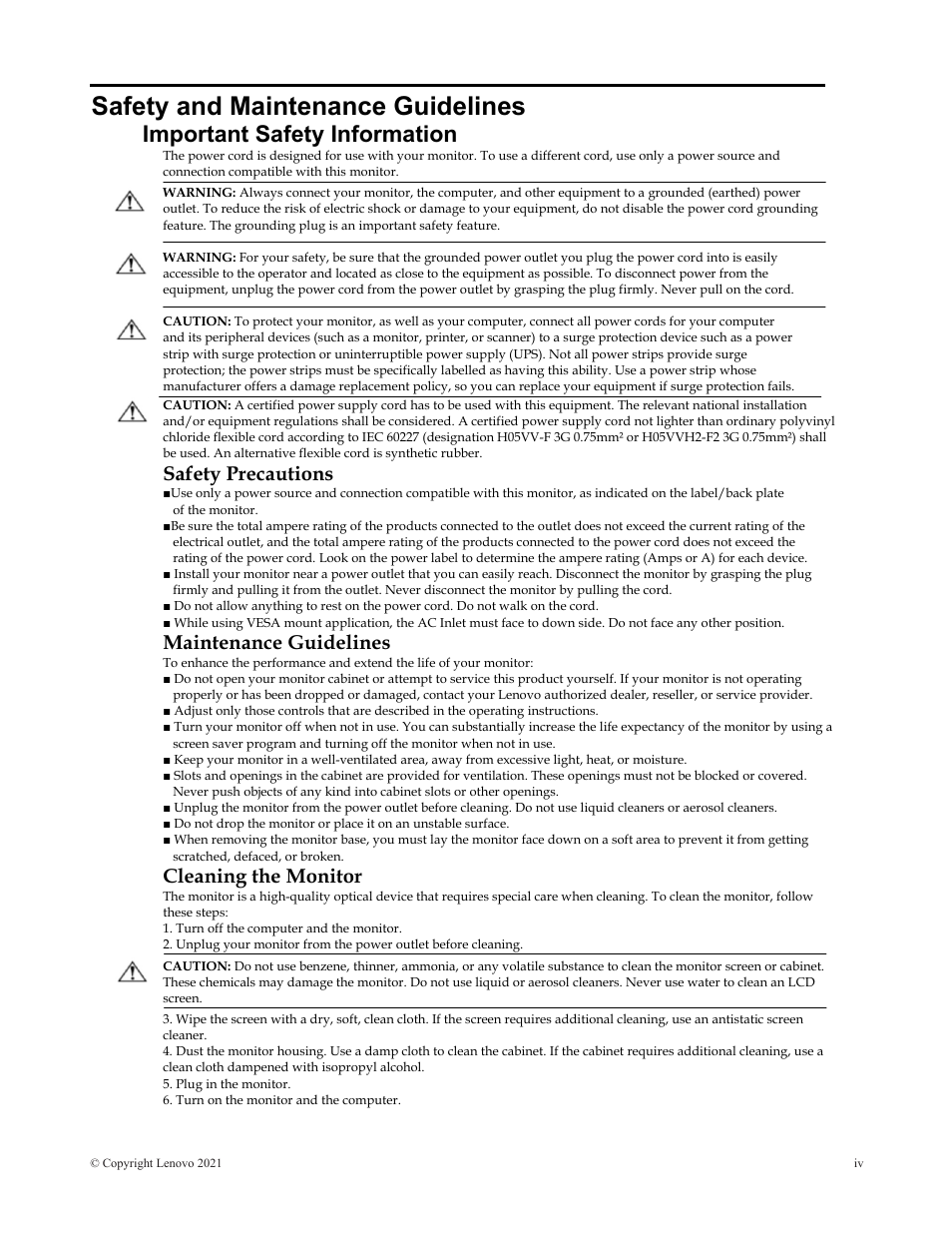 Safety and maintenance guidelines, Important safety information, Safety precautions | Maintenance guidelines, Cleaning the monitor | Lenovo ThinkVision 29" Ultrawide Monitor User Manual | Page 5 / 39