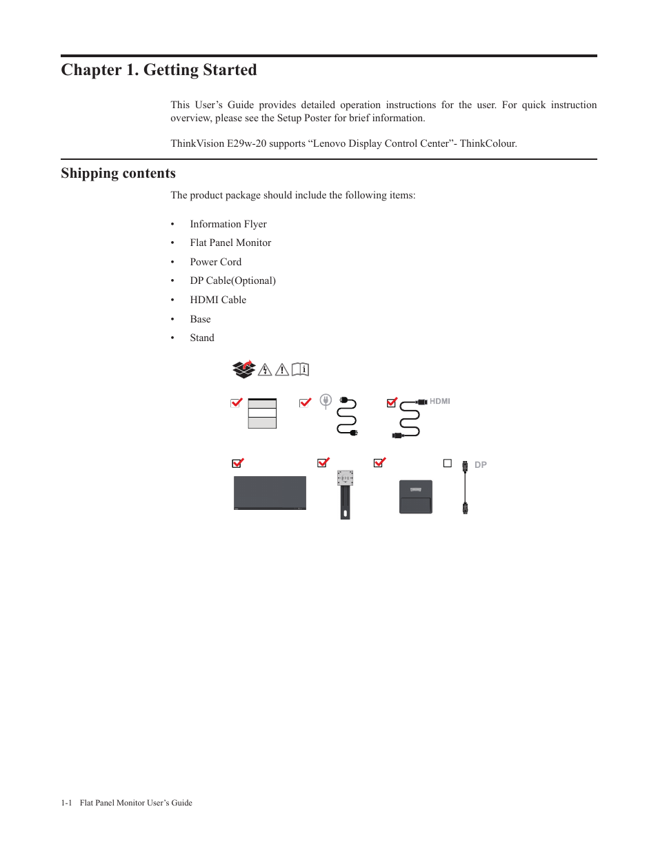 Chapter 1. getting started, Shipping contents, Chapter 1. getting started -1 | Shipping contents -1 | Lenovo ThinkVision 29" Ultrawide Monitor User Manual | Page 8 / 39