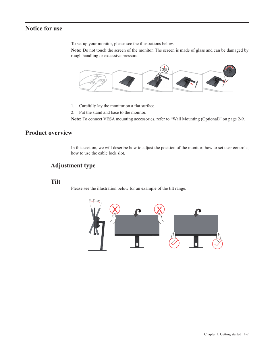 Notice for use, Product overview, Adjustment type | Tilt, Notice for use -2, Product overview -2, Adjustment type -2, Tilt -2, Adjustment type tilt | Lenovo ThinkVision 29" Ultrawide Monitor User Manual | Page 9 / 39