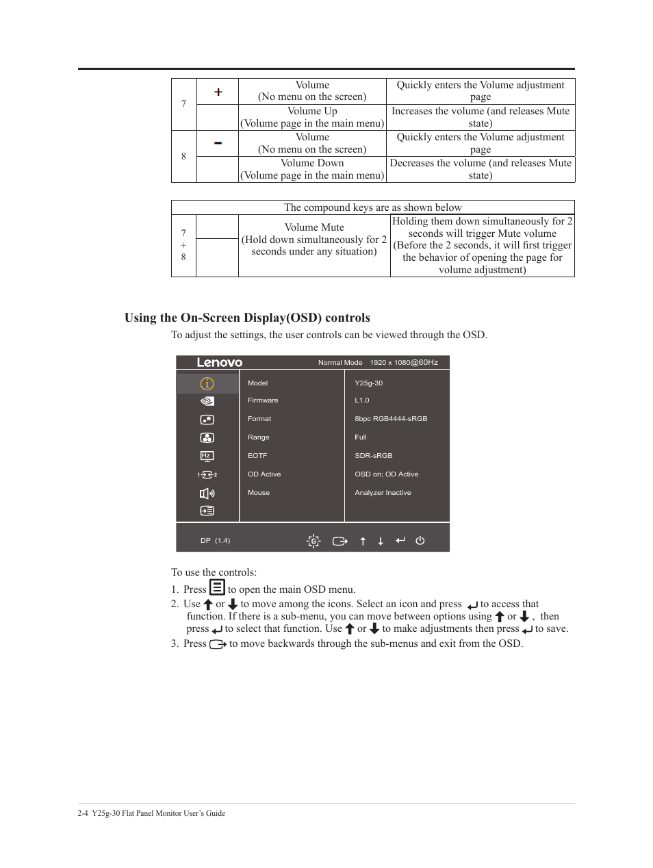 Using the on-screen display(osd) controls | Lenovo Legion Y25g-30 24.5" HDR 360 Hz Gaming Monitor User Manual | Page 20 / 38