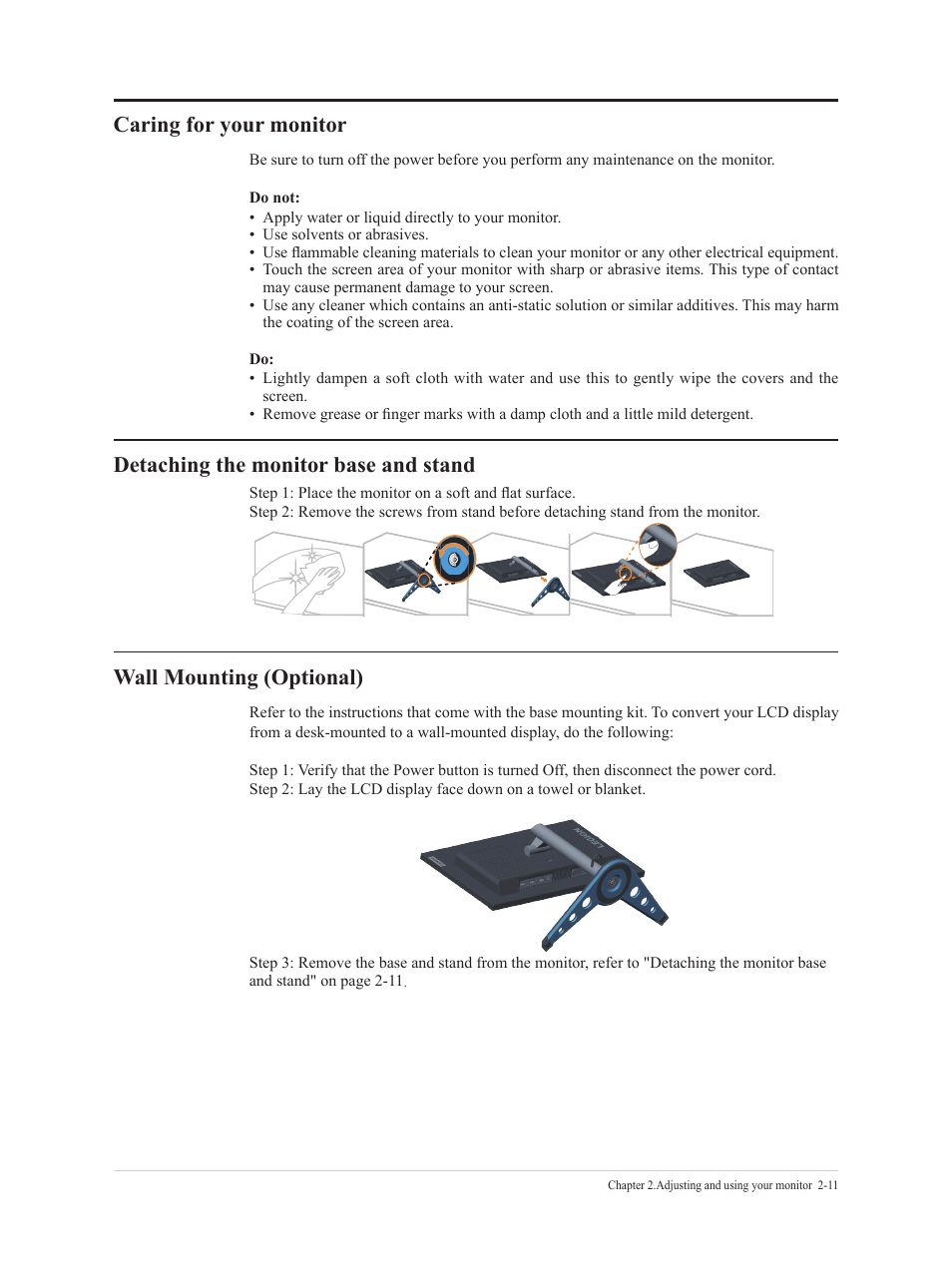 Caring for your monitor, Detaching the monitor base and stand, Wall mounting (optional) | Lenovo Legion Y25g-30 24.5" HDR 360 Hz Gaming Monitor User Manual | Page 27 / 38