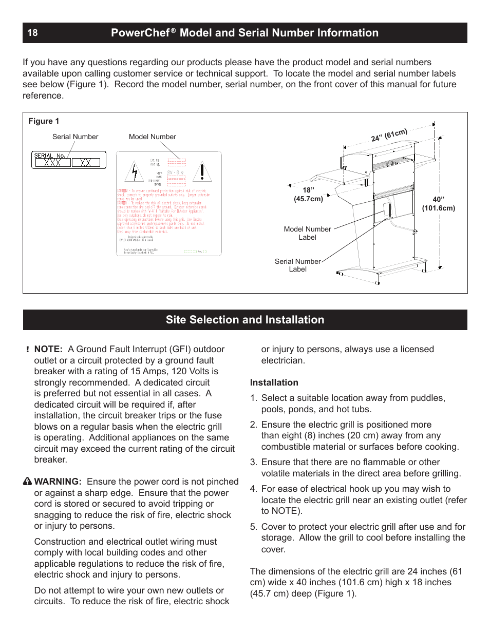 Powerchef, Model and serial number information, Site selection and installation | Dimplex PowerChef Electric Grill TBQ-120-REG User Manual | Page 18 / 29