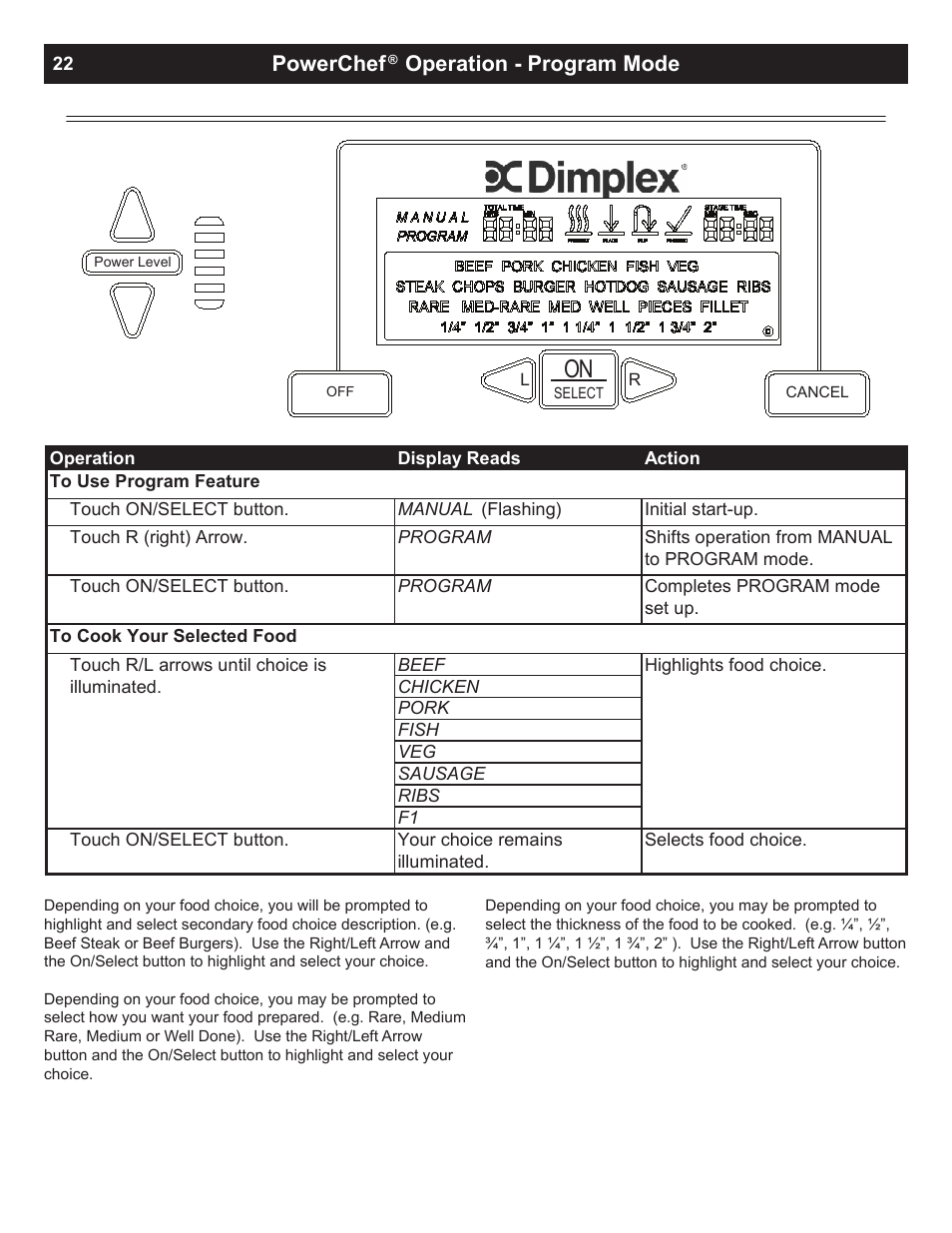 Powerchef, Operation - program mode | Dimplex PowerChef Electric Grill TBQ-120-REG User Manual | Page 22 / 29