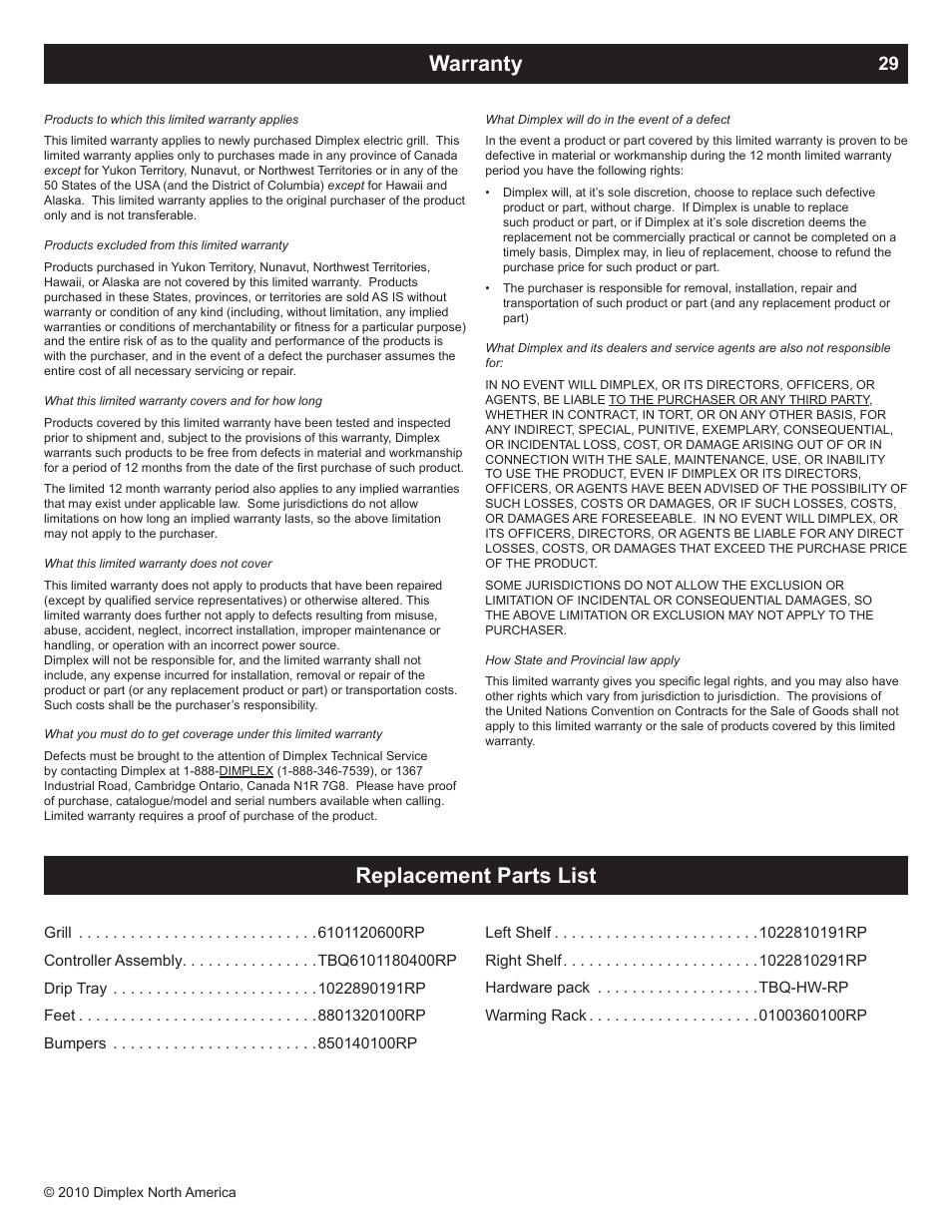 Warranty, Replacement parts list | Dimplex PowerChef Electric Grill TBQ-120-REG User Manual | Page 29 / 29