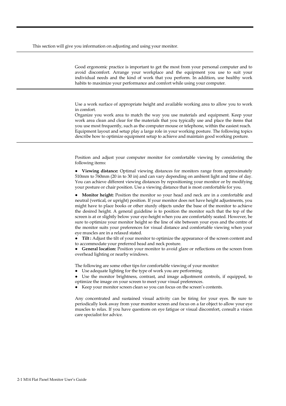 Chapter 2 adjusting and using your monitor, Comfort and accessibility, Arranging your work area | Positioning and viewing your monitor | Lenovo ThinkVision M14 14" 16:9 Portable IPS/LCD Monitor User Manual | Page 11 / 28