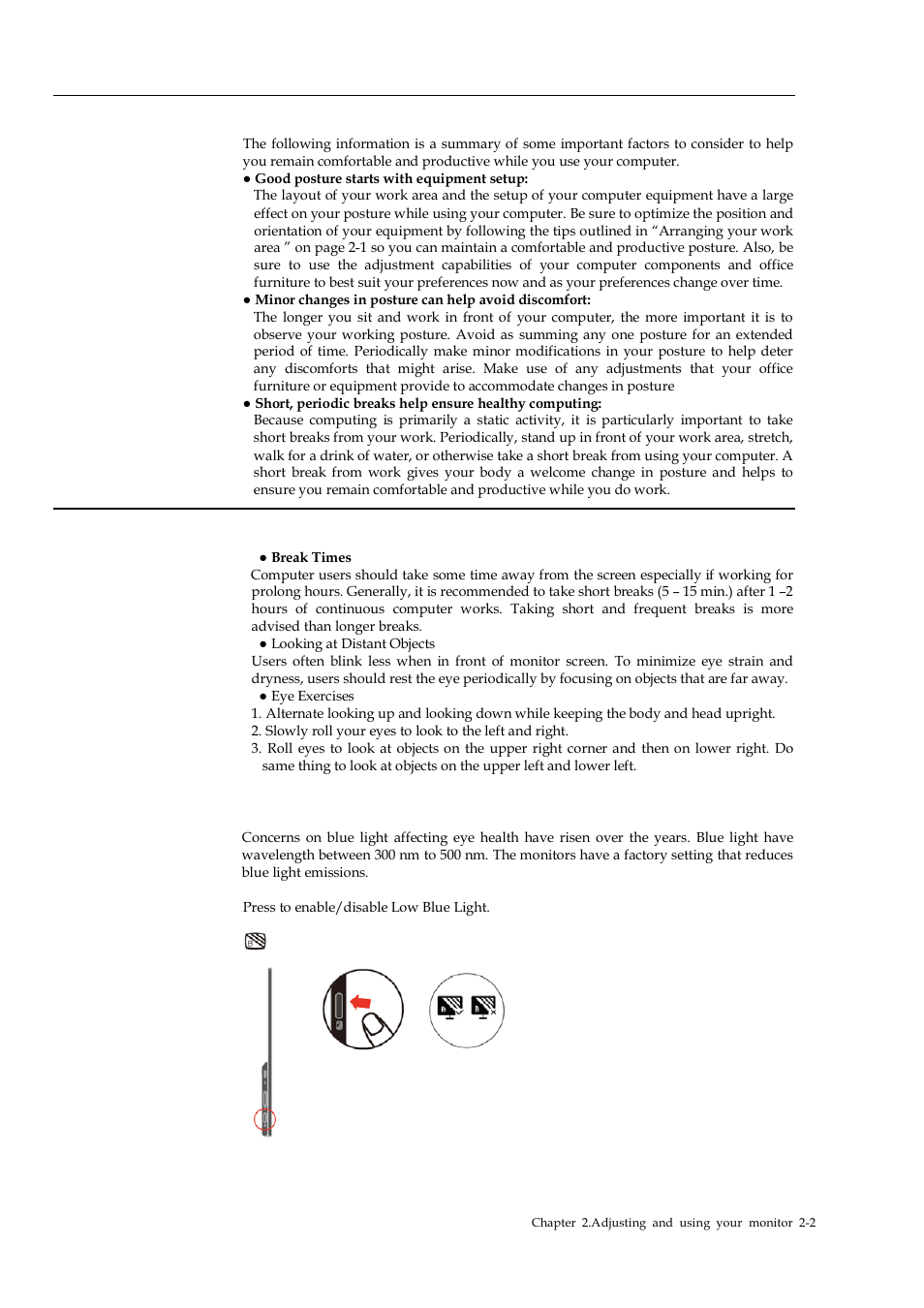 Quick tips for healthy work habits, Eye strain, Low blue light | Lenovo ThinkVision M14 14" 16:9 Portable IPS/LCD Monitor User Manual | Page 12 / 28