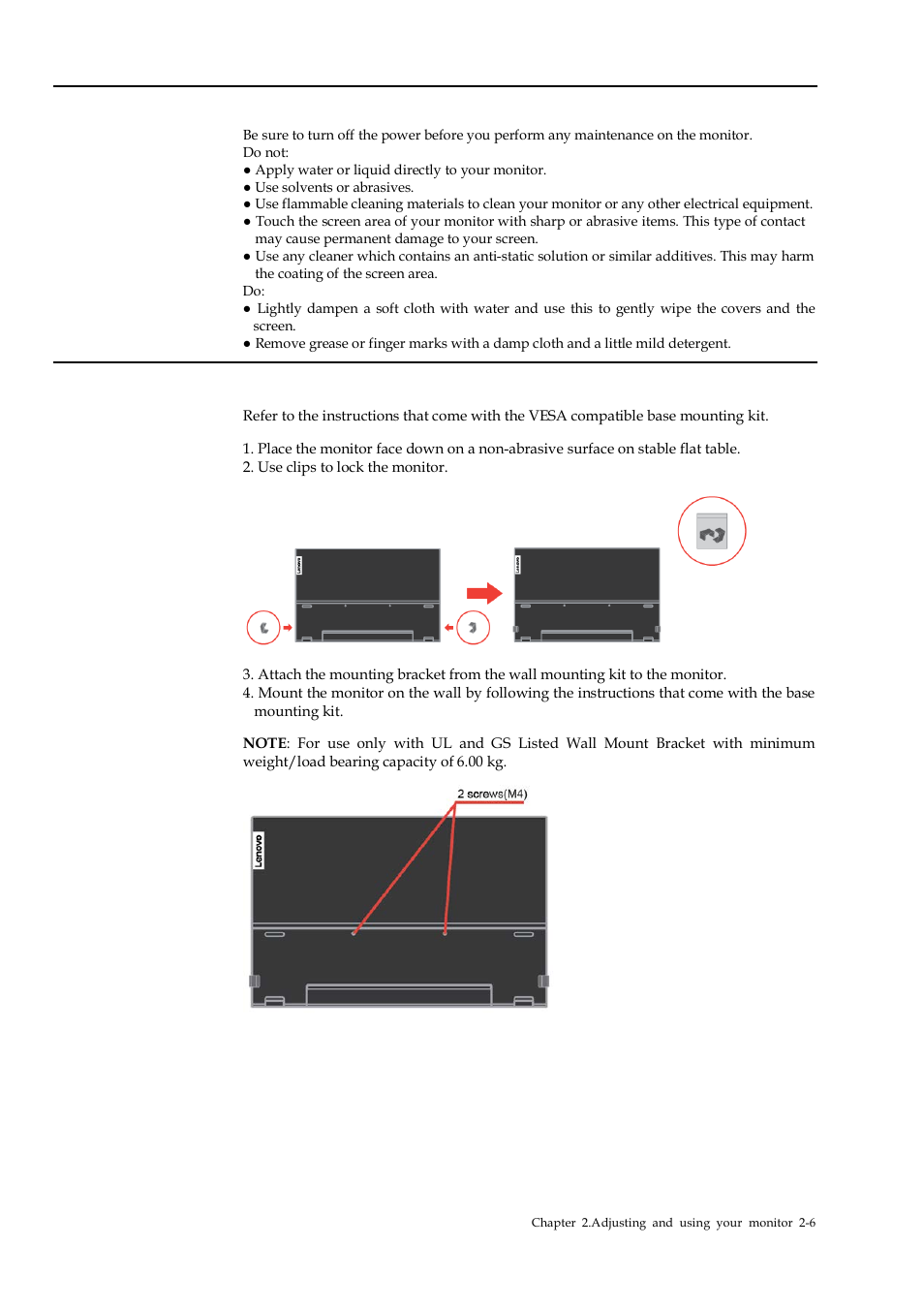Caring for your monitor, Wall mounting (optional) | Lenovo ThinkVision M14 14" 16:9 Portable IPS/LCD Monitor User Manual | Page 16 / 28