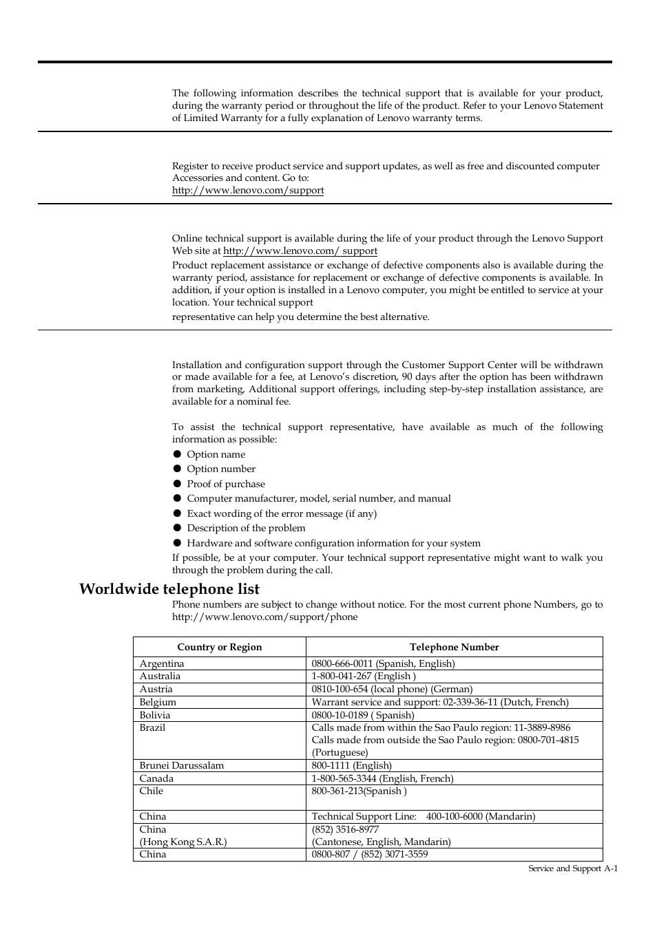 Appendix a. service and support, Registering your option, Online technical support | Telephone technical support, Worldwide telephone list | Lenovo ThinkVision M14 14" 16:9 Portable IPS/LCD Monitor User Manual | Page 23 / 28