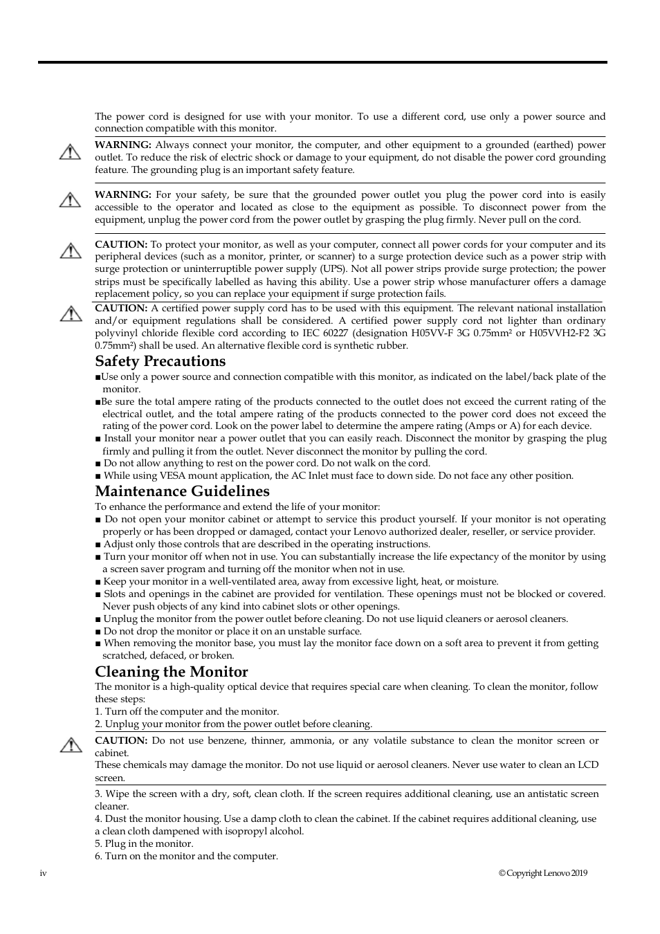 Safety and maintenance guidelines, Important safety information, Safety precautions | Maintenance guidelines, Cleaning the monitor | Lenovo ThinkVision M14 14" 16:9 Portable IPS/LCD Monitor User Manual | Page 5 / 28