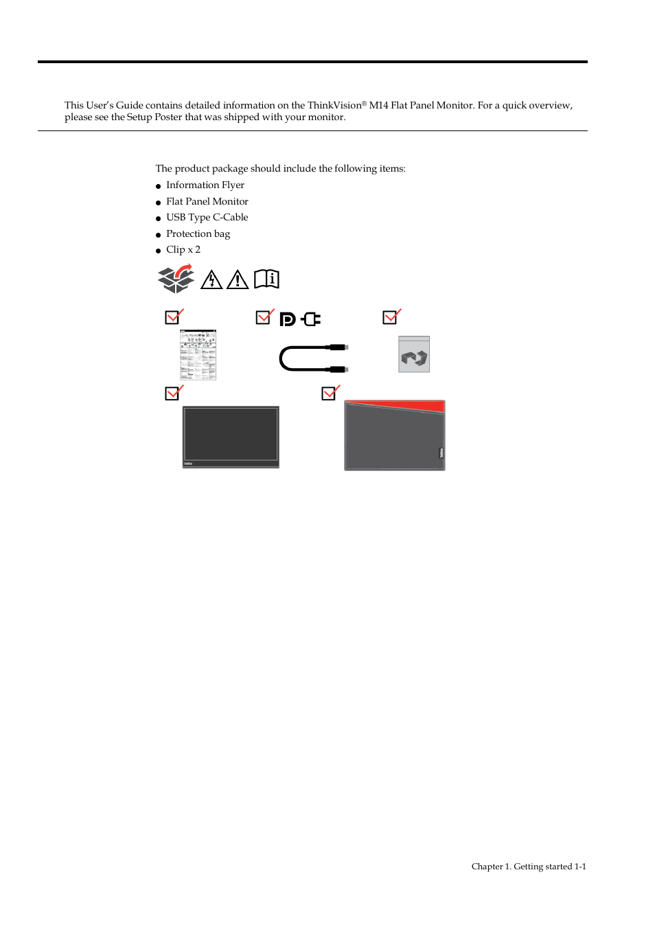 Chapter 1 getting started, Shipping contents | Lenovo ThinkVision M14 14" 16:9 Portable IPS/LCD Monitor User Manual | Page 6 / 28