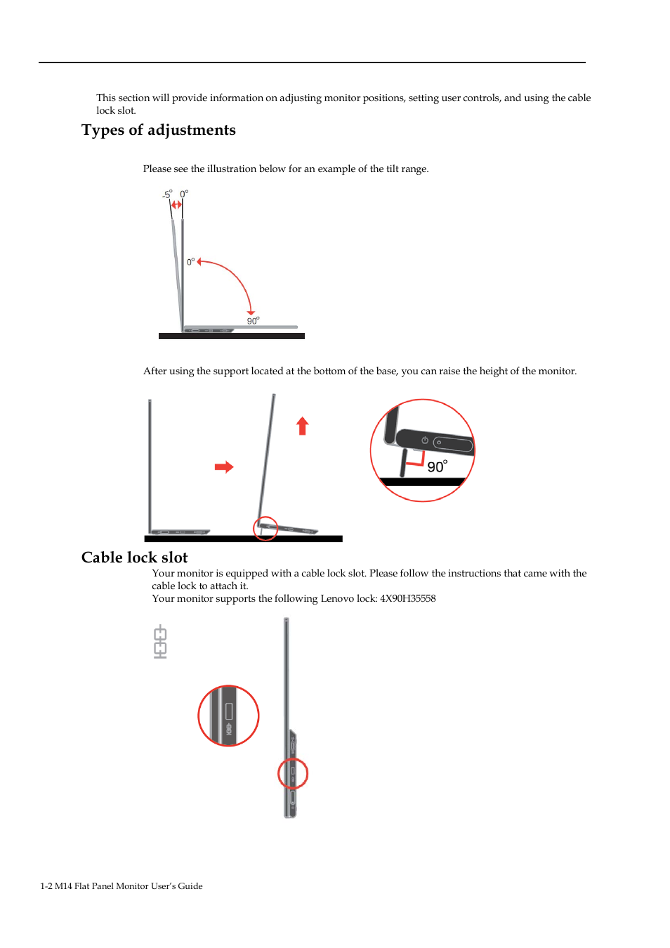 Product overview, Types of adjustments, Cable lock slot | Lenovo ThinkVision M14 14" 16:9 Portable IPS/LCD Monitor User Manual | Page 7 / 28