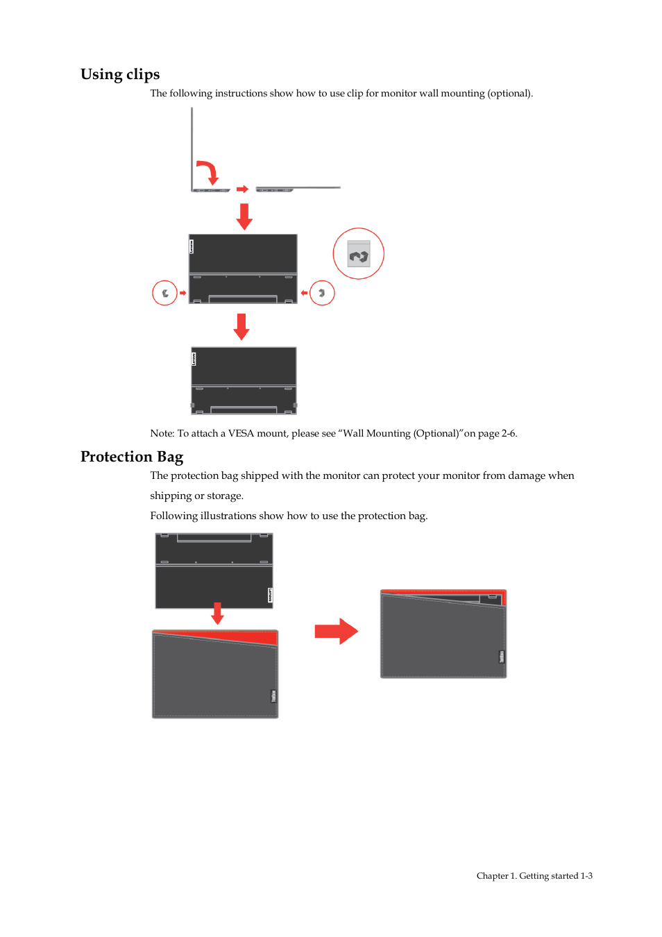 Using clips, Protection bag | Lenovo ThinkVision M14 14" 16:9 Portable IPS/LCD Monitor User Manual | Page 8 / 28