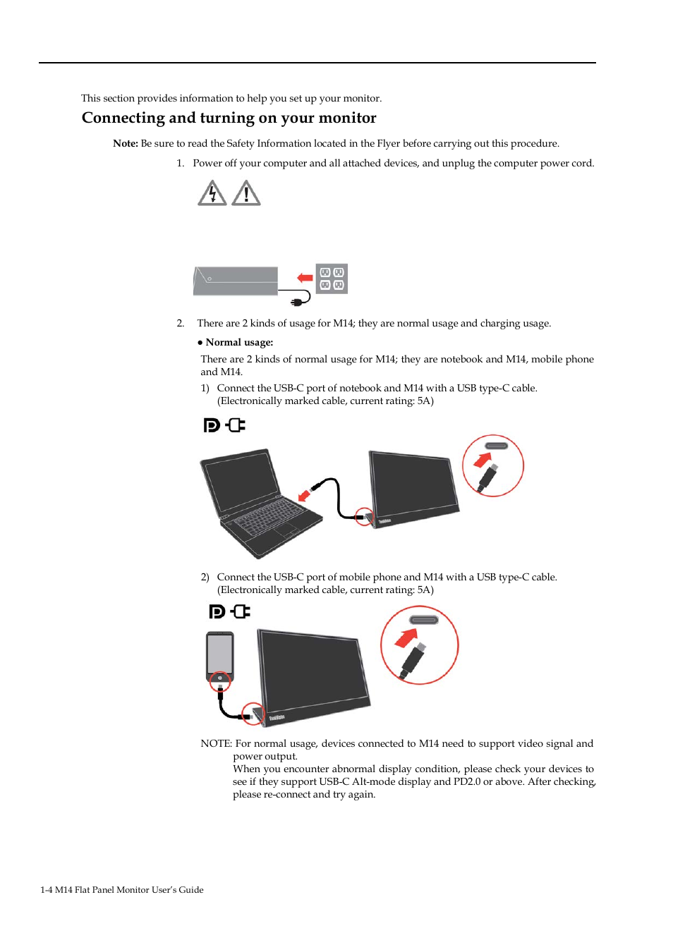 Setting up your monitor, Connecting and turning on your monitor | Lenovo ThinkVision M14 14" 16:9 Portable IPS/LCD Monitor User Manual | Page 9 / 28