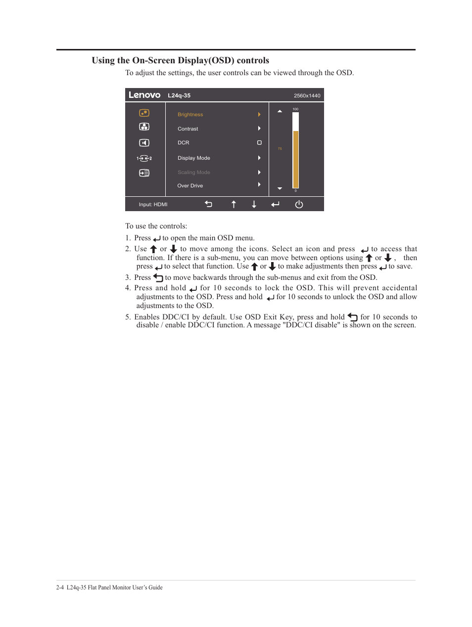 Using the on-screen display(osd) controls | Lenovo L24q-35 23.8" 1440p Monitor User Manual | Page 16 / 32