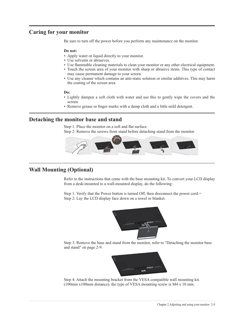 Caring for your monitor, Detaching the monitor base and stand, Wall mounting (optional) | Lenovo L24q-35 23.8" 1440p Monitor User Manual | Page 21 / 32