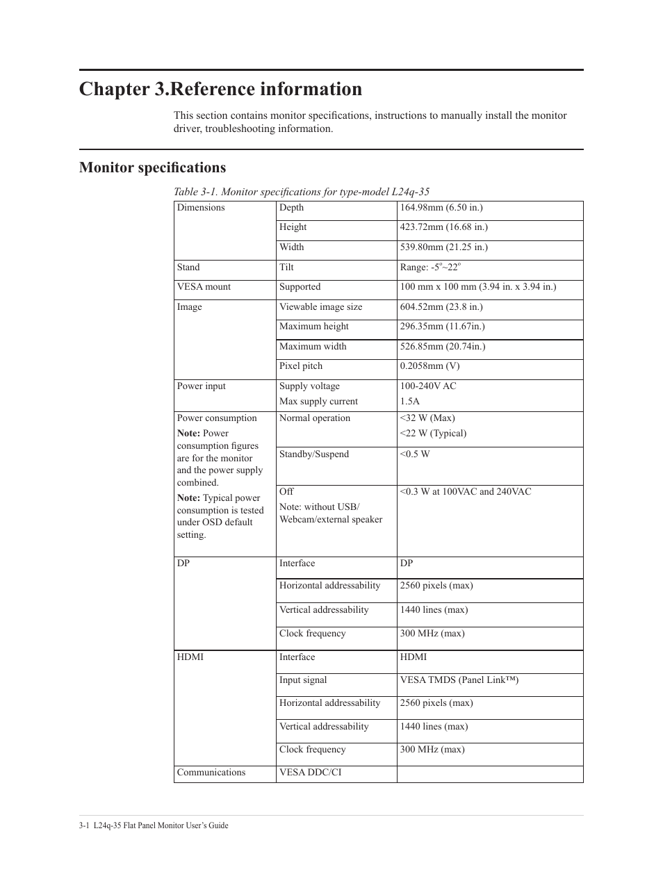 Chapter 3.reference information, Monitor specifications | Lenovo L24q-35 23.8" 1440p Monitor User Manual | Page 23 / 32