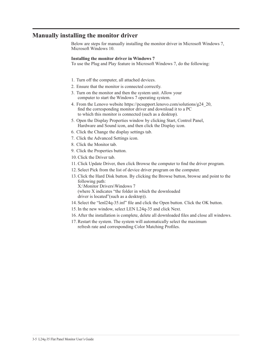 Manually installing the monitor driver | Lenovo L24q-35 23.8" 1440p Monitor User Manual | Page 27 / 32