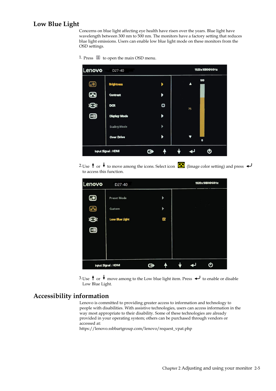 Low blue light, Accessibility information, Low blue light -5 | Accessibility information -5 | Lenovo D27-40 27" Monitor User Manual | Page 15 / 31