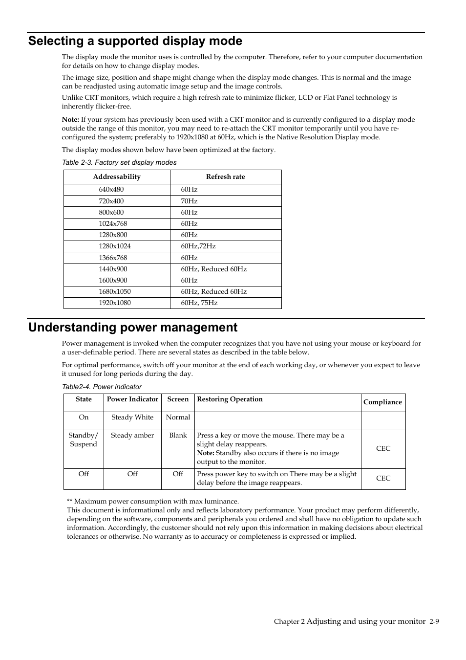 Selecting a supported display mode, Understanding power management, Selecting a supported display mode -9 | Understanding power management -9 | Lenovo D27-40 27" Monitor User Manual | Page 19 / 31