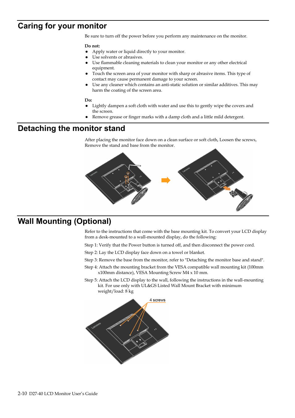 Caring for your monitor, Detaching the monitor stand, Wall mounting (optional) | Caring for your monitor -10, Detaching the monitor stand -10, Wall mounting (optional) -10 | Lenovo D27-40 27" Monitor User Manual | Page 20 / 31