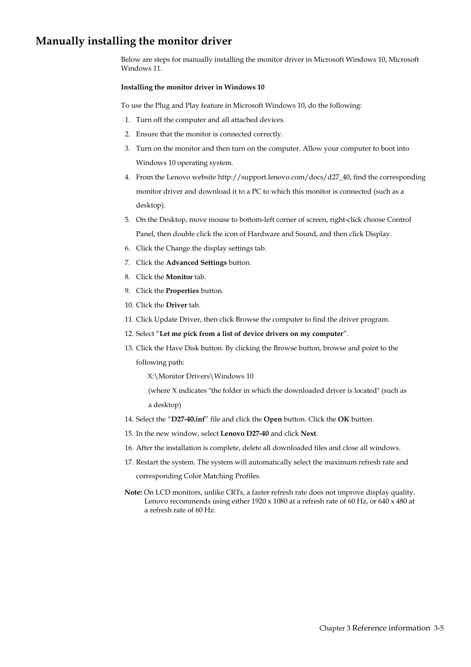 Manually installing the monitor driver, Manually installing the monitor driver -5 | Lenovo D27-40 27" Monitor User Manual | Page 25 / 31