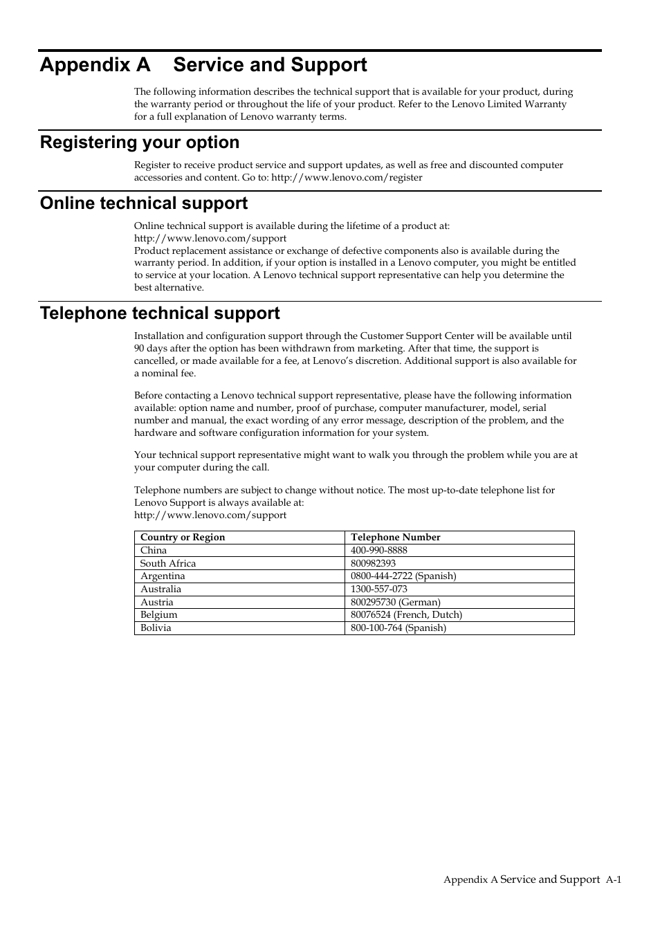 Appendix a service and support, Registering your option, Online technical support | Telephone technical support, Appendix a, Service, And support | Lenovo D27-40 27" Monitor User Manual | Page 28 / 31