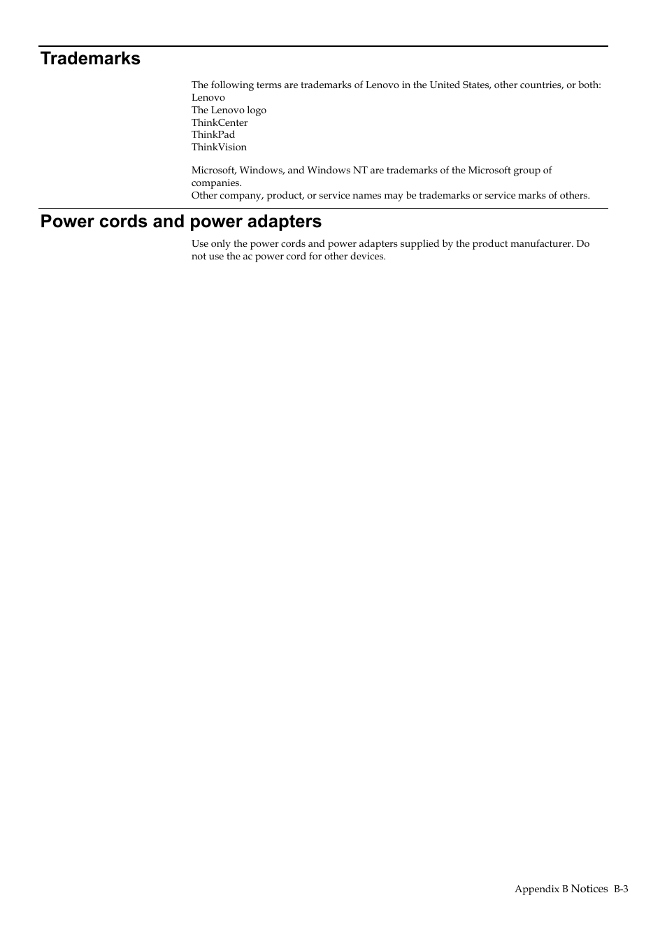 Trademarks, Power cords and power adapters | Lenovo D27-40 27" Monitor User Manual | Page 31 / 31
