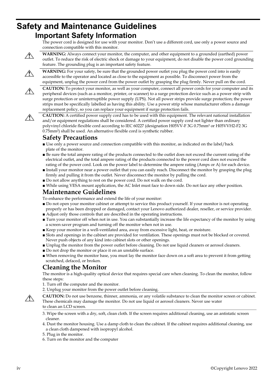 Safety and maintenance guidelines, Important safety information, Safety precautions | Maintenance guidelines, Cleaning the monitor | Lenovo D27-40 27" Monitor User Manual | Page 5 / 31