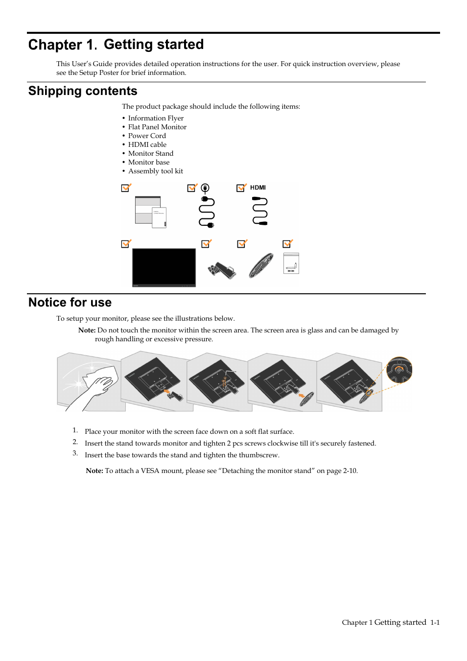 Chapter 1. getting started, Shipping contents, Notice for use | Getting started -1, Shipping contents -1, Notice for use -1, Getting started | Lenovo D27-40 27" Monitor User Manual | Page 6 / 31