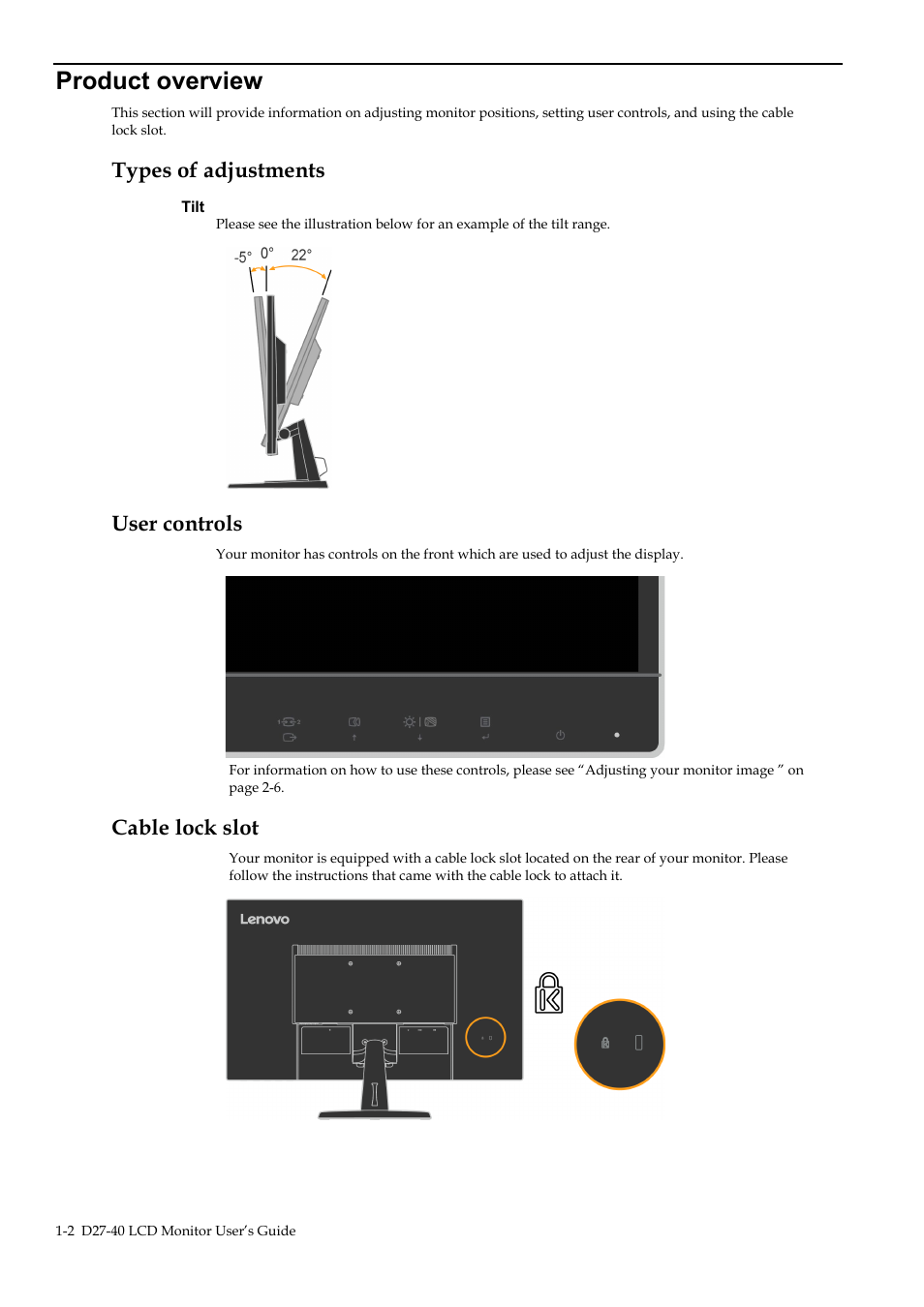 Product overview, Types of adjustments, User controls | Cable lock slot, Product overview -2, Types of adjustments -2, User controls -2, Cable lock slot -2 | Lenovo D27-40 27" Monitor User Manual | Page 7 / 31