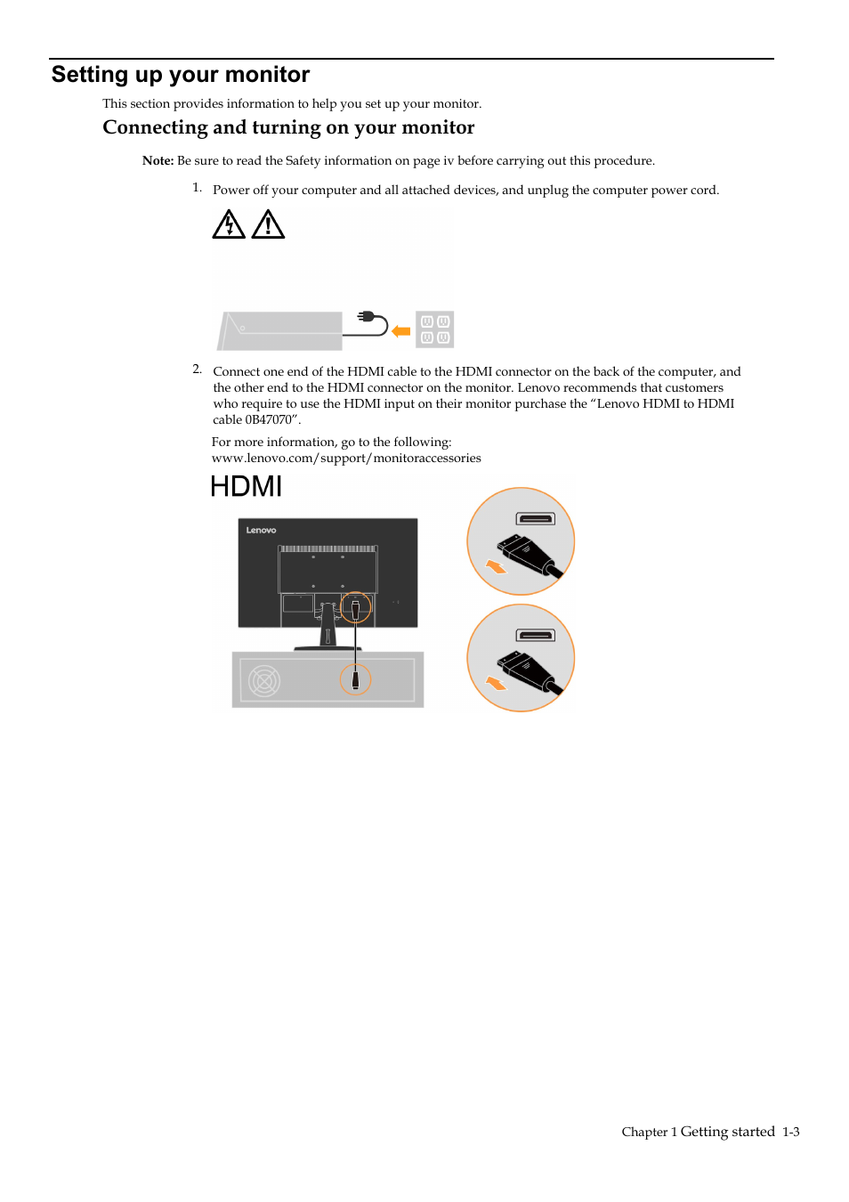 Setting up your monitor, Connecting and turning on your monitor, Setting up your monitor -3 | Connecting and turning on your monitor -3 | Lenovo D27-40 27" Monitor User Manual | Page 8 / 31