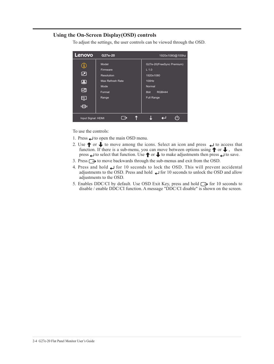 Using the on-screen display(osd) controls | Lenovo G27e-20 27" 120 Hz Monitor User Manual | Page 16 / 32