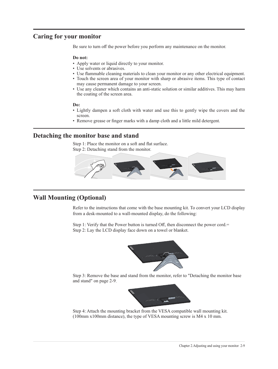 Caring for your monitor, Detaching the monitor base and stand, Wall mounting (optional) | Lenovo G27e-20 27" 120 Hz Monitor User Manual | Page 21 / 32