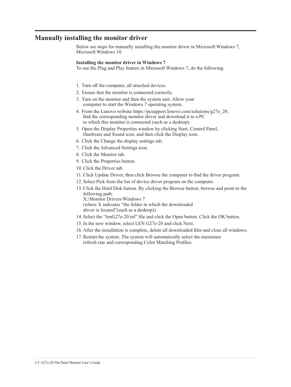 Manually installing the monitor driver, Manually installing the monitor driver -5 | Lenovo G27e-20 27" 120 Hz Monitor User Manual | Page 27 / 32