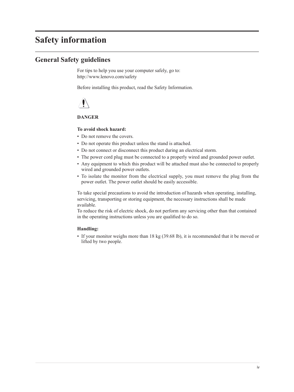 Safety information, General safety guidelines | Lenovo G27e-20 27" 120 Hz Monitor User Manual | Page 5 / 32