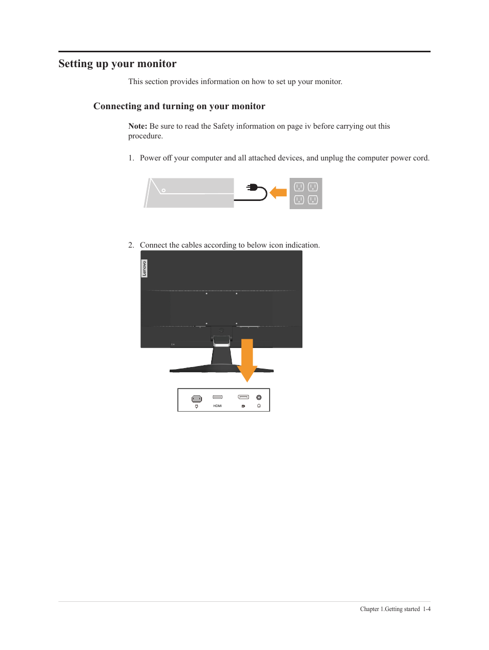 Connecting and turning on your monitor, Setting up your monitor, Setting up your monitor -4 | Lenovo G27e-20 27" 120 Hz Monitor User Manual | Page 9 / 32