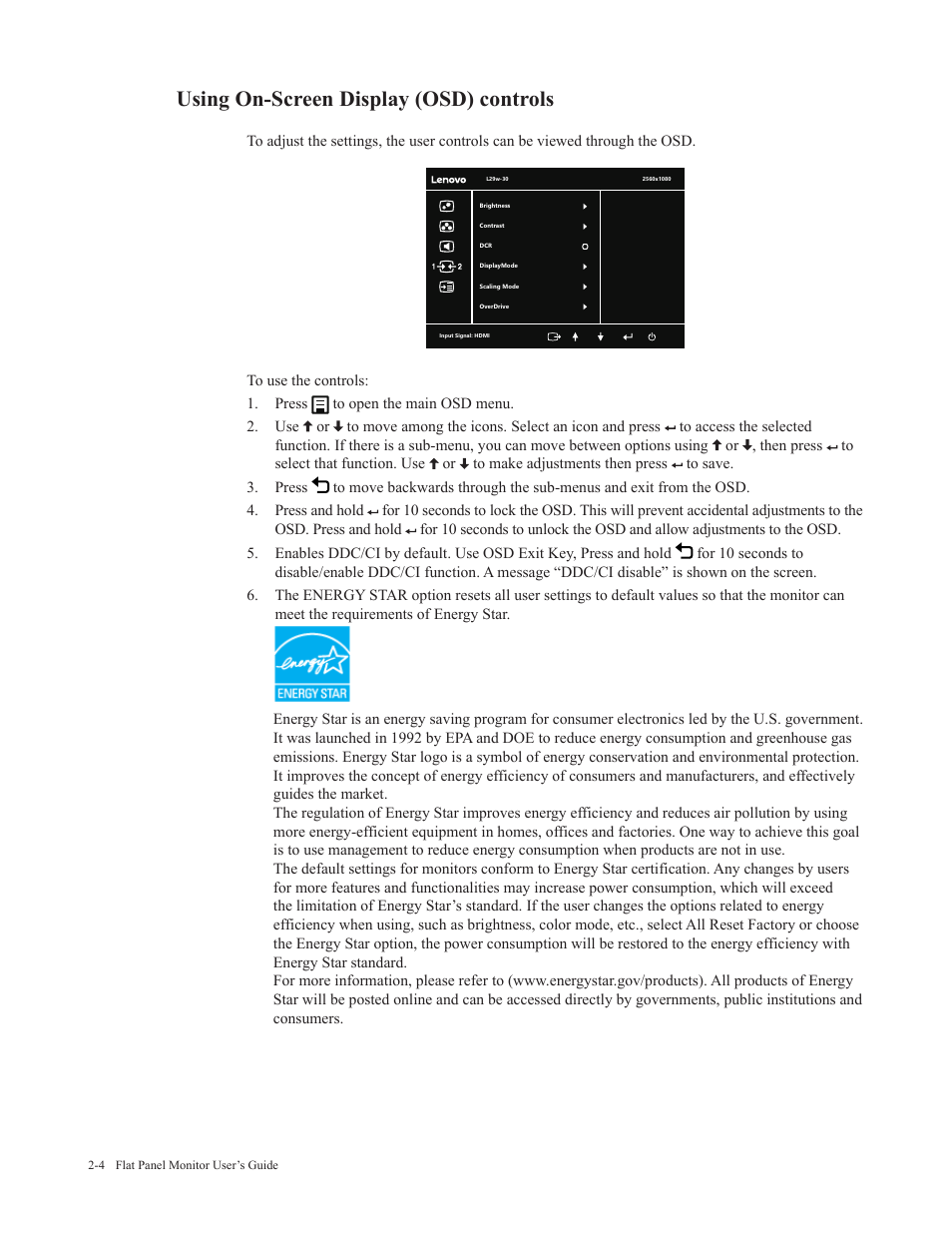 Using on-screen display (osd) controls | Lenovo L29w-30 29" 21:9 Monitor User Manual | Page 19 / 35