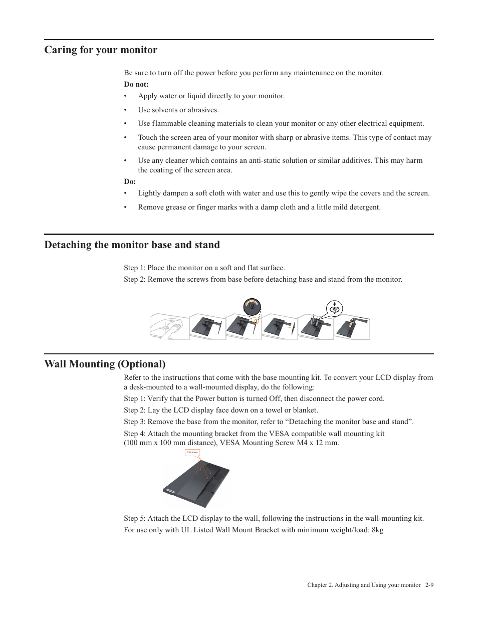 Caring for your monitor, Detaching the monitor base and stand, Wall mounting (optional) | Lenovo L29w-30 29" 21:9 Monitor User Manual | Page 24 / 35