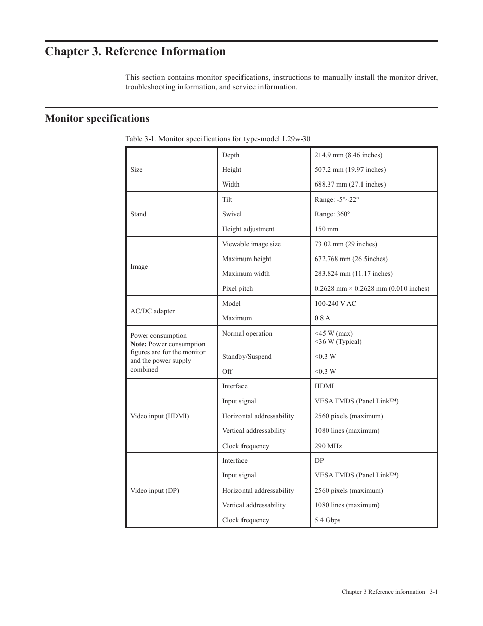 Chapter 3. reference information, Monitor specifications, Chapter 3. reference information -1 | Lenovo L29w-30 29" 21:9 Monitor User Manual | Page 25 / 35