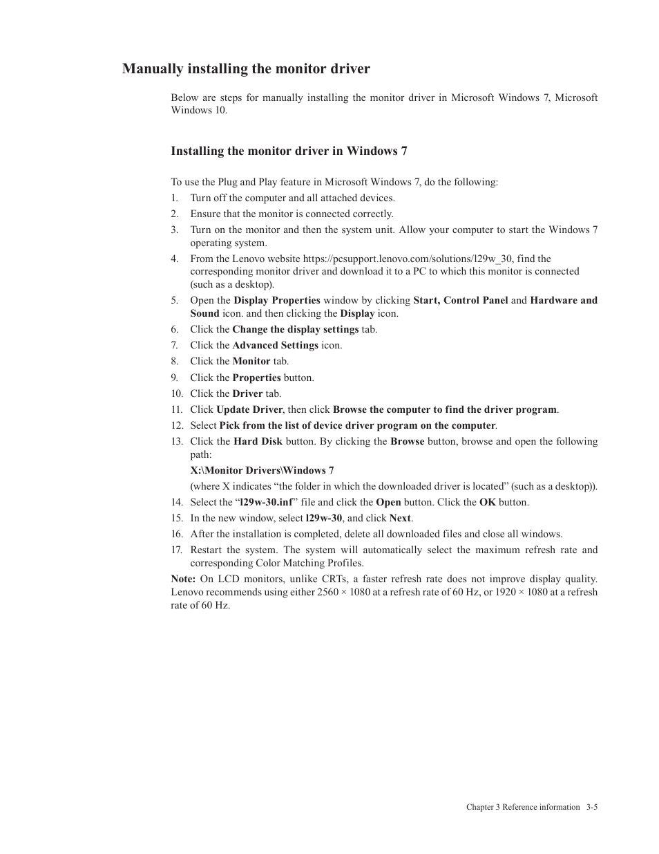 Manually installing the monitor driver, Installing the monitor driver in windows 7 | Lenovo L29w-30 29" 21:9 Monitor User Manual | Page 29 / 35