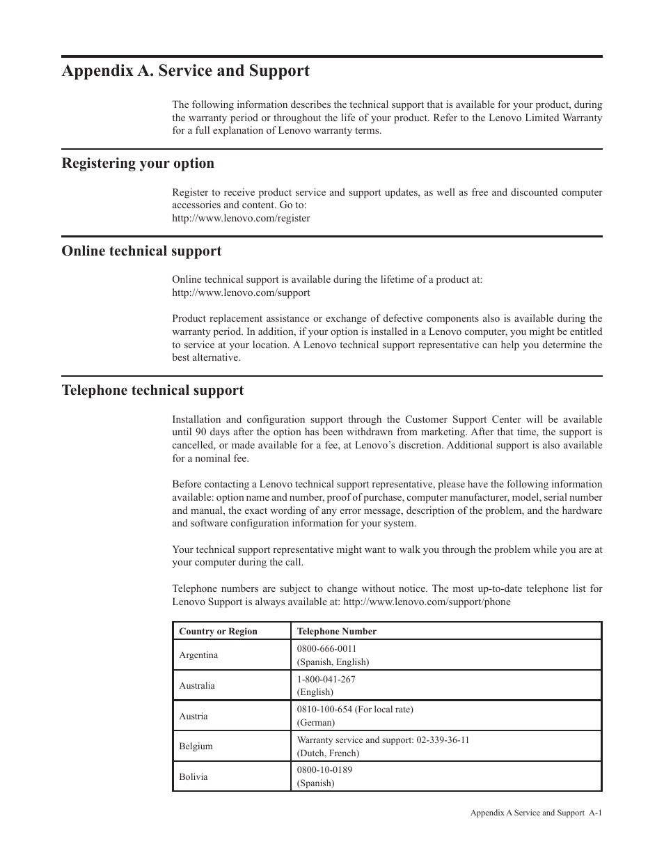 Appendix a. service and support, Registering your option, Online technical support | Telephone technical support, Appendix a� service | Lenovo L29w-30 29" 21:9 Monitor User Manual | Page 32 / 35