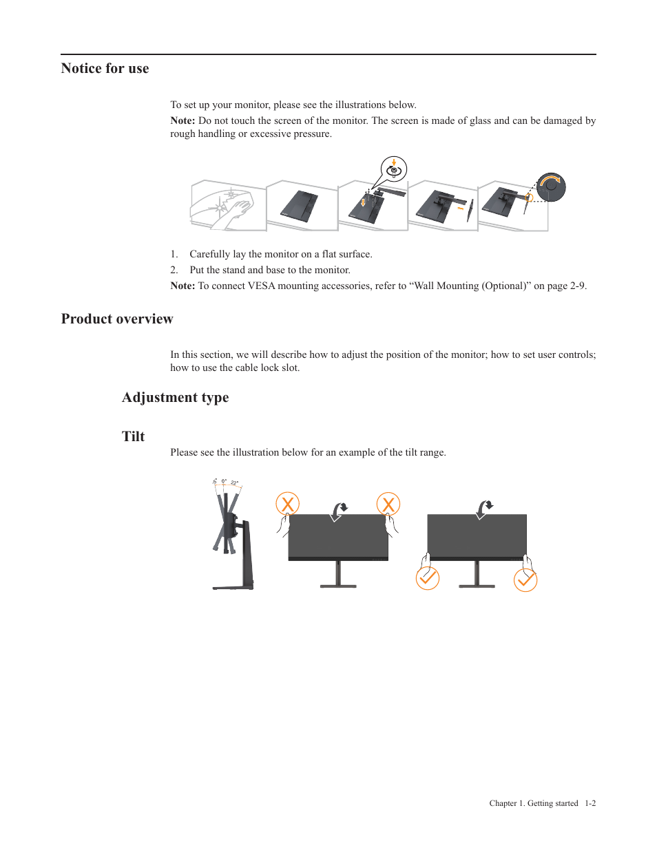 Notice for use, Product overview, Adjustment type | Tilt, Adjustment type tilt | Lenovo L29w-30 29" 21:9 Monitor User Manual | Page 9 / 35