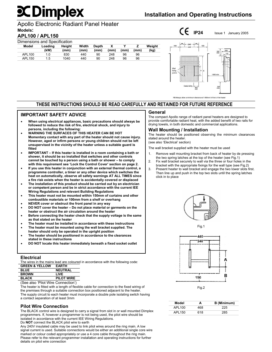 Dimplex APL100 User Manual | 2 pages