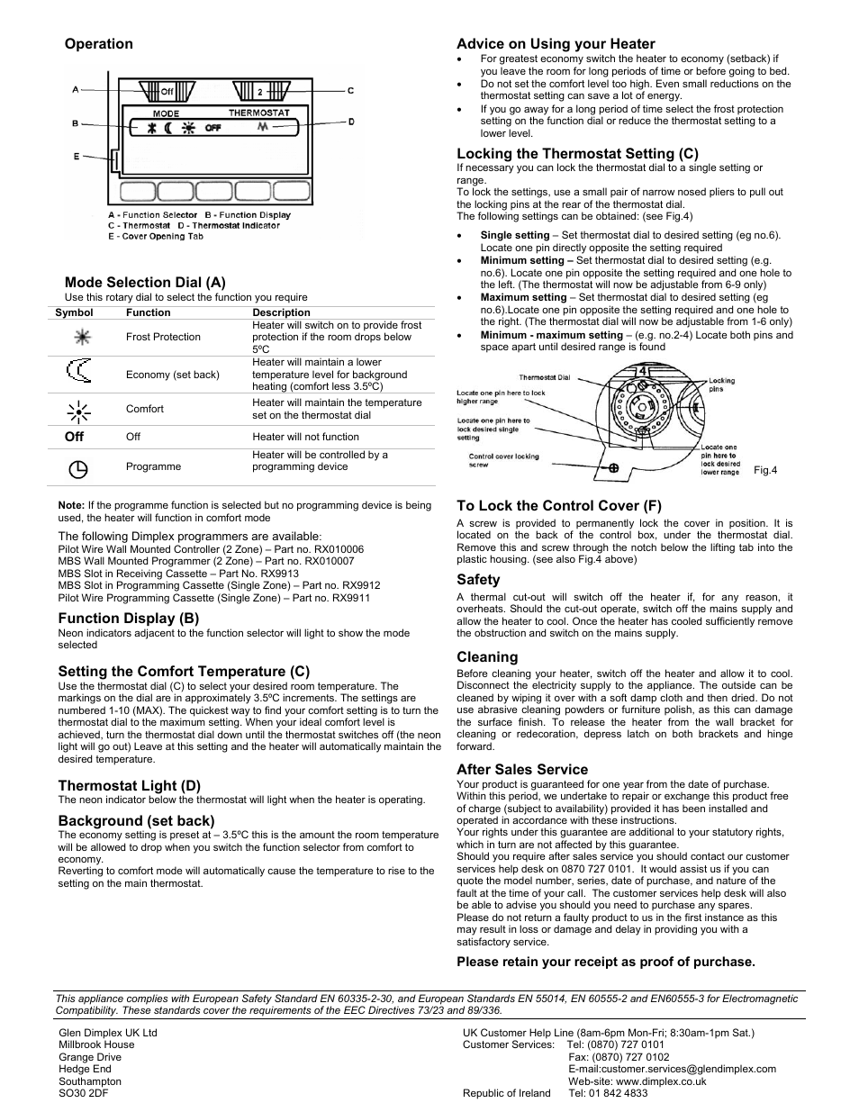 Operation, Function display (b), Setting the comfort temperature (c) | Thermostat light (d), Background (set back), Advice on using your heater, Locking the thermostat setting (c), Safety, Cleaning, After sales service | Dimplex APL100 User Manual | Page 2 / 2