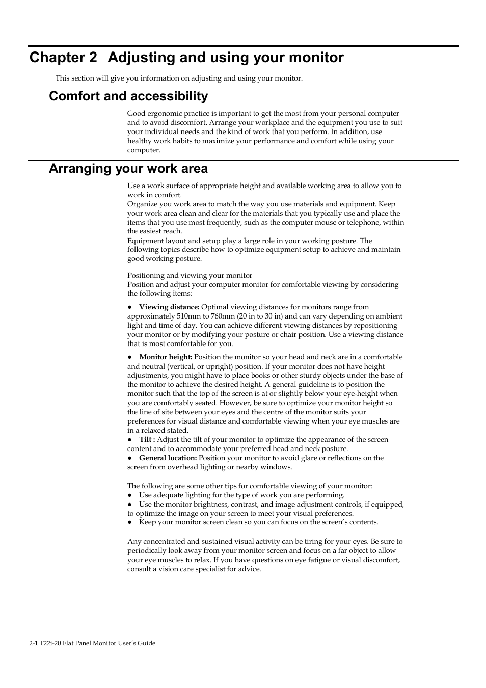 Chapter 2 adjusting and using your monitor, Comfort and accessibility, Arranging your work area | Lenovo ThinkVision T22i-20 21.5" 16:9 IPS Monitor User Manual | Page 13 / 34