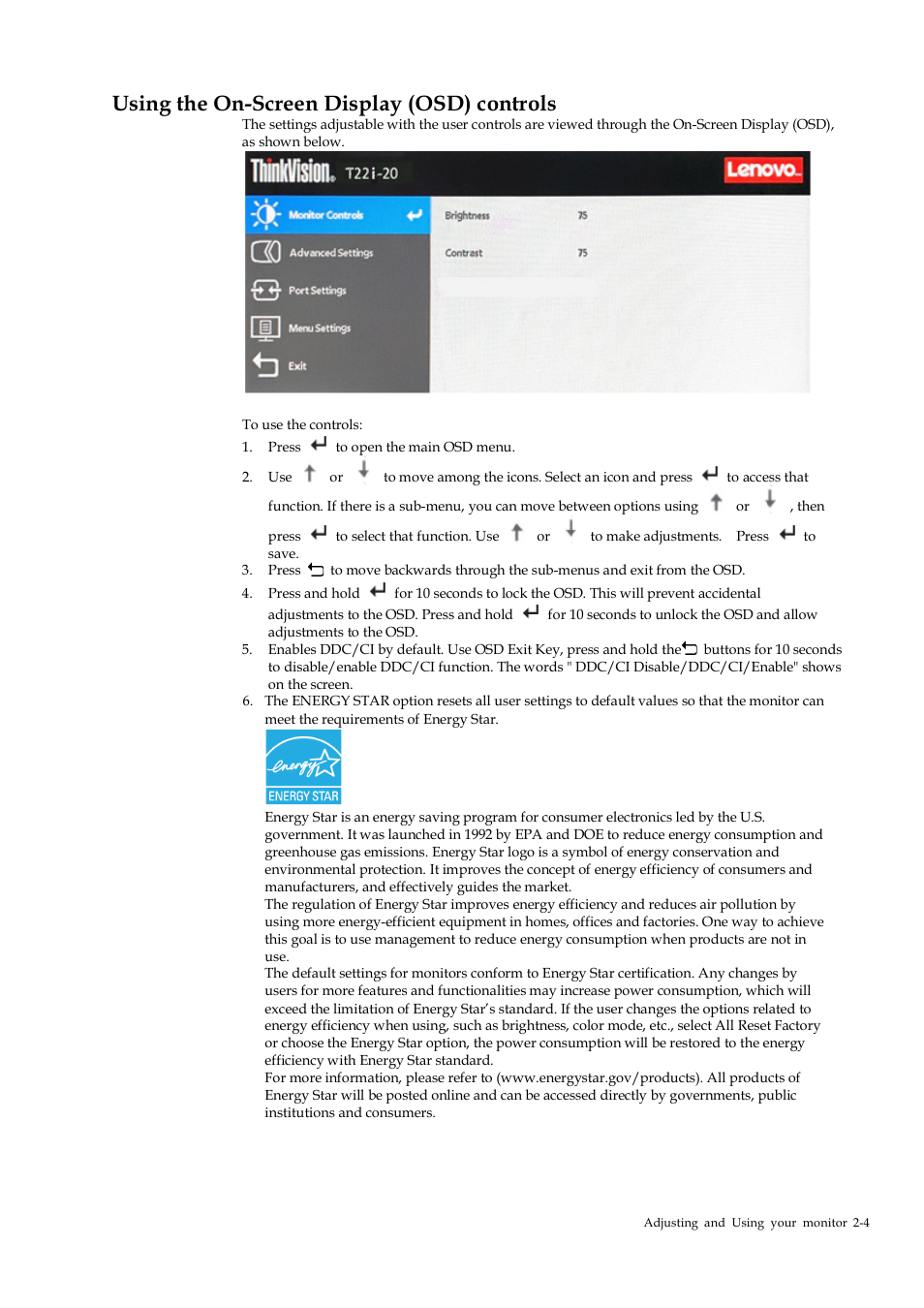 Using the on-screen display (osd) controls | Lenovo ThinkVision T22i-20 21.5" 16:9 IPS Monitor User Manual | Page 16 / 34