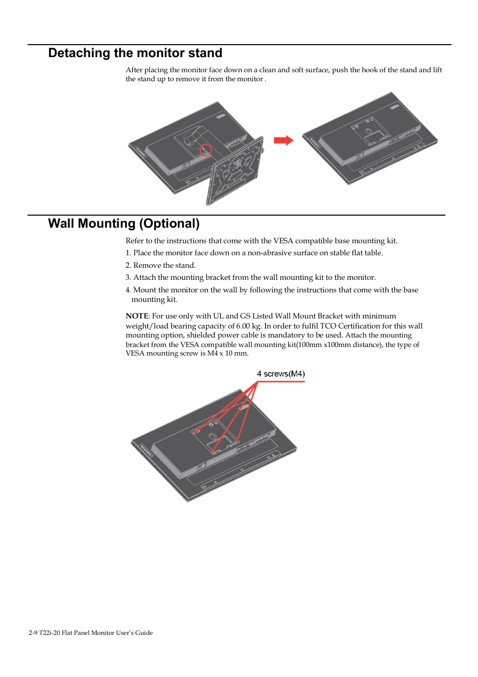 Detaching the monitor stand, Wall mounting (optional) | Lenovo ThinkVision T22i-20 21.5" 16:9 IPS Monitor User Manual | Page 21 / 34