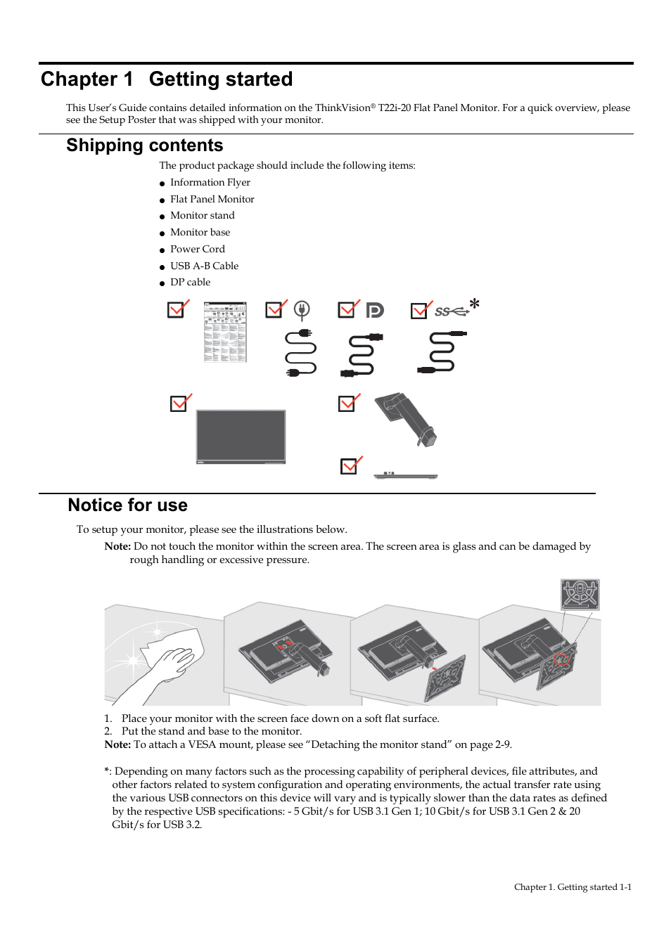 Chapter 1 getting started, Shipping contents, Notice for use | Lenovo ThinkVision T22i-20 21.5" 16:9 IPS Monitor User Manual | Page 6 / 34